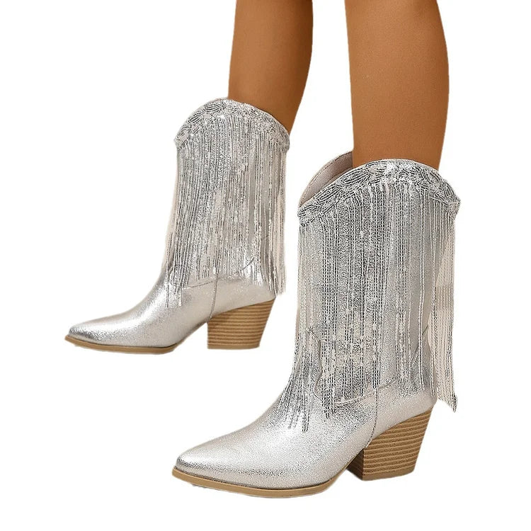 Silver Cowboy Boots With Fringes