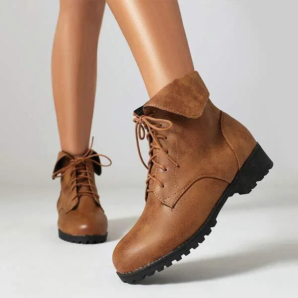 Women's Turn-Down Collar Crisscross Lace-Up Patchwork Martin Boots