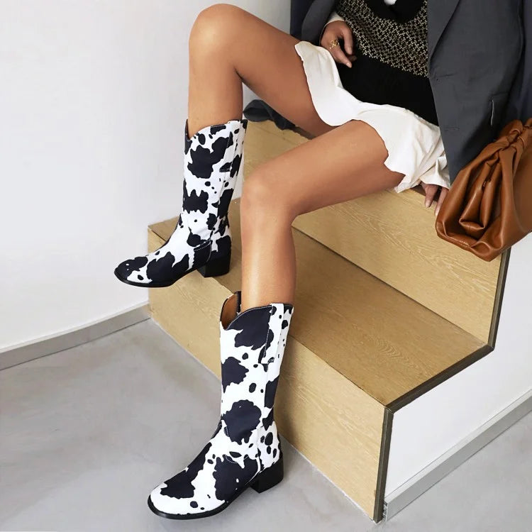 Women's Cow Print Western Block Heel Cowboy Boots