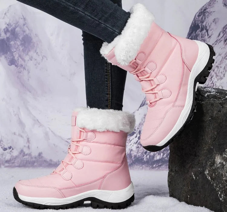 Women Winter Snow Boots - Fuzzy Lace-up Front