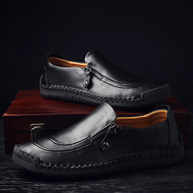 Men Hand Stitching Zipper Slip-ons Leather Shoes