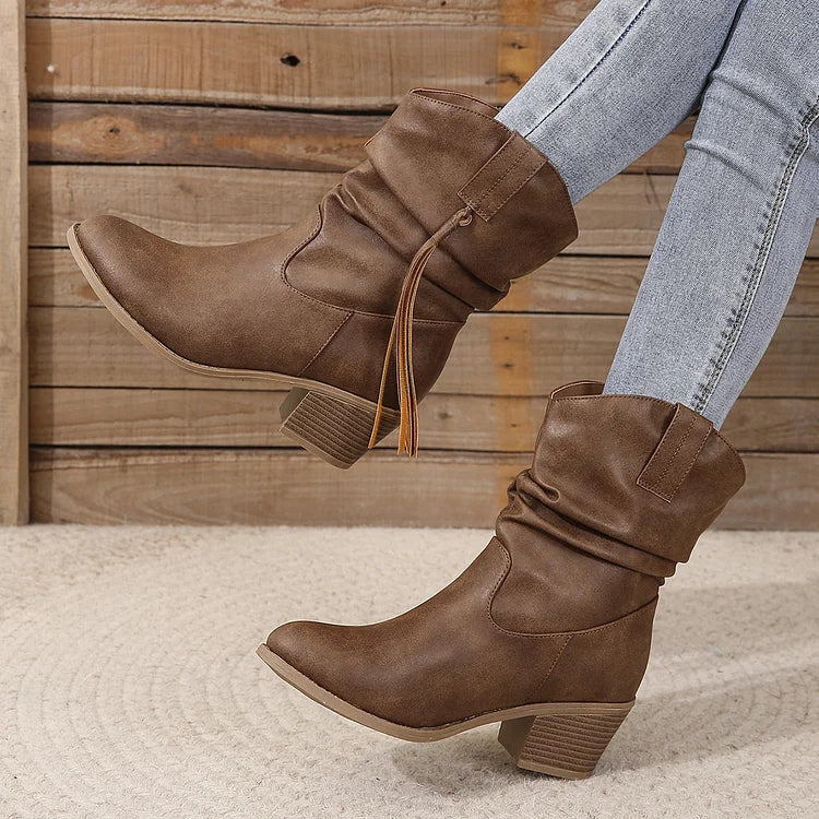 Women's Pleated Tassel High Heel Mid-calf Length Loose Socks Boots