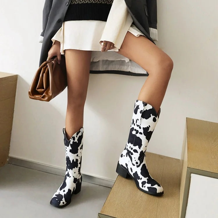 Women's Cow Print Western Block Heel Cowboy Boots