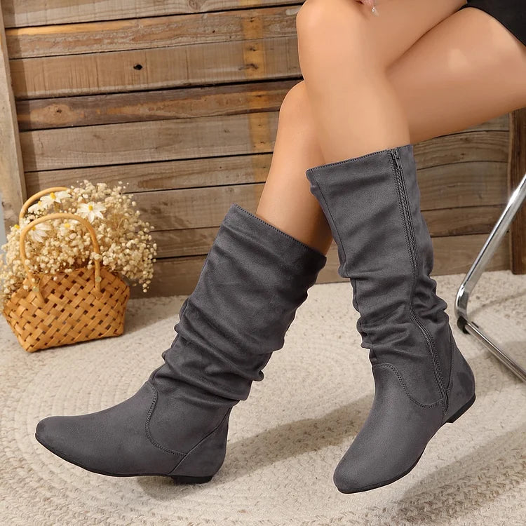 Womens Boots Suede Pleated Flock Fuzzy Low-heeled Boots for Women Solid Color Elegant Mid-Calf Boots