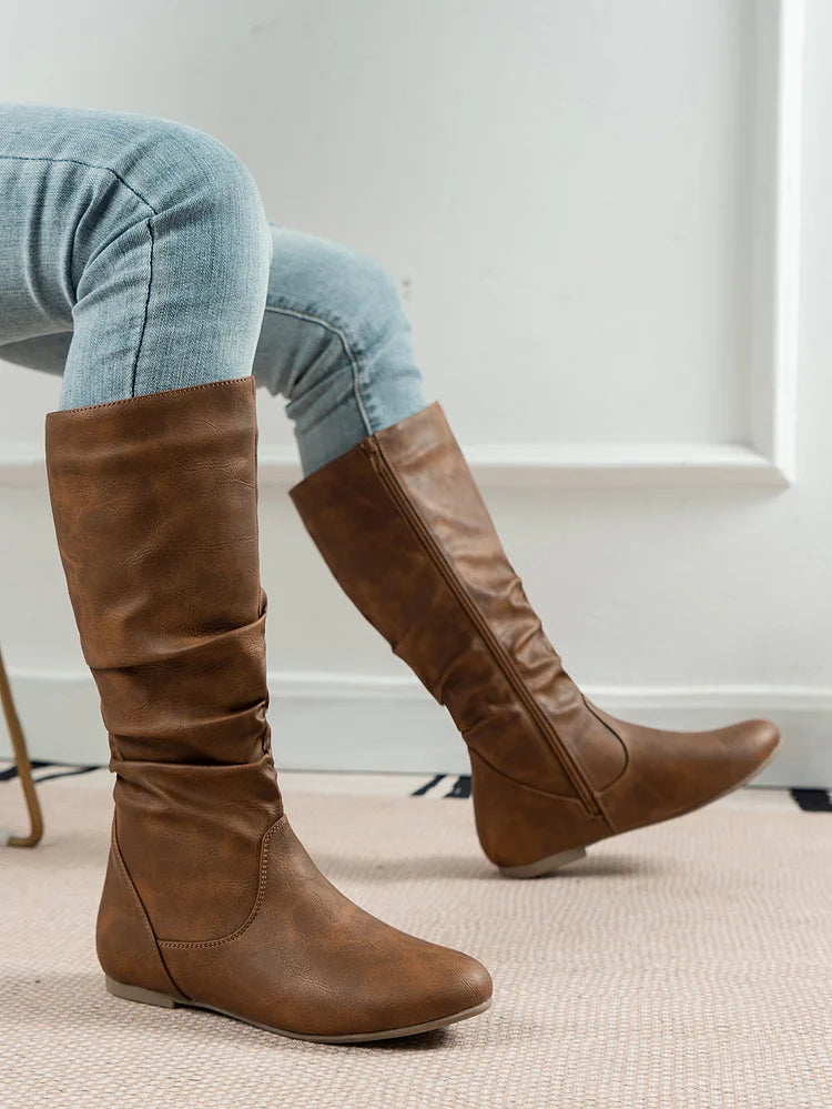 Womens Boots PU Pleated Flock Fuzzy Low-heeled Boots for Women Solid Color Elegant Mid-Calf Boots