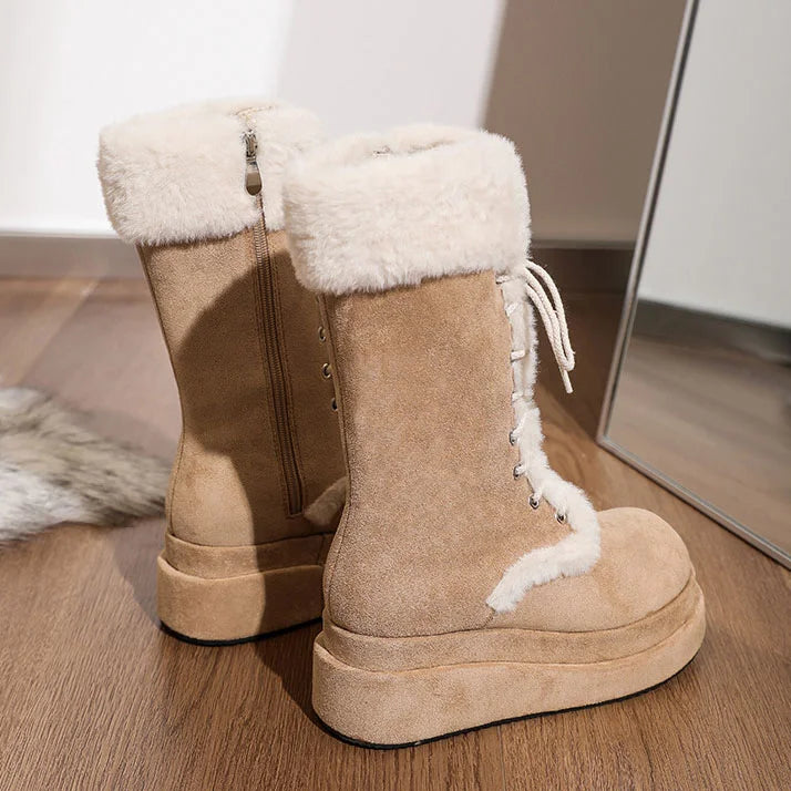 Women's Retro Thick-Soled Velvet Warm Mid-Calf Lace-Up Boots