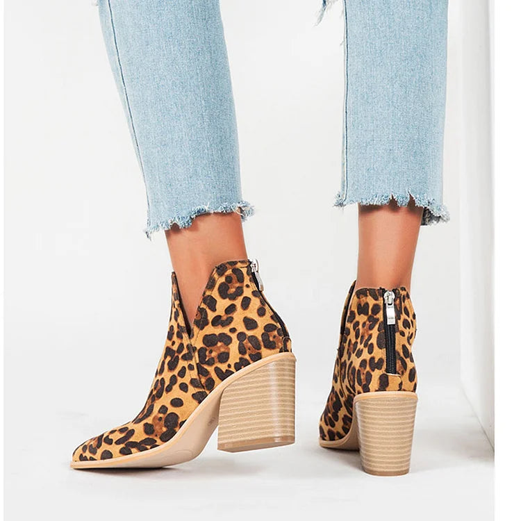 Womens Western Ankle Cowboy Boots Cutout Block Heel Booties