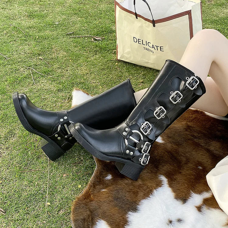 Women's Calf Buckle PU Round Toe Retro Western Gothic Boots