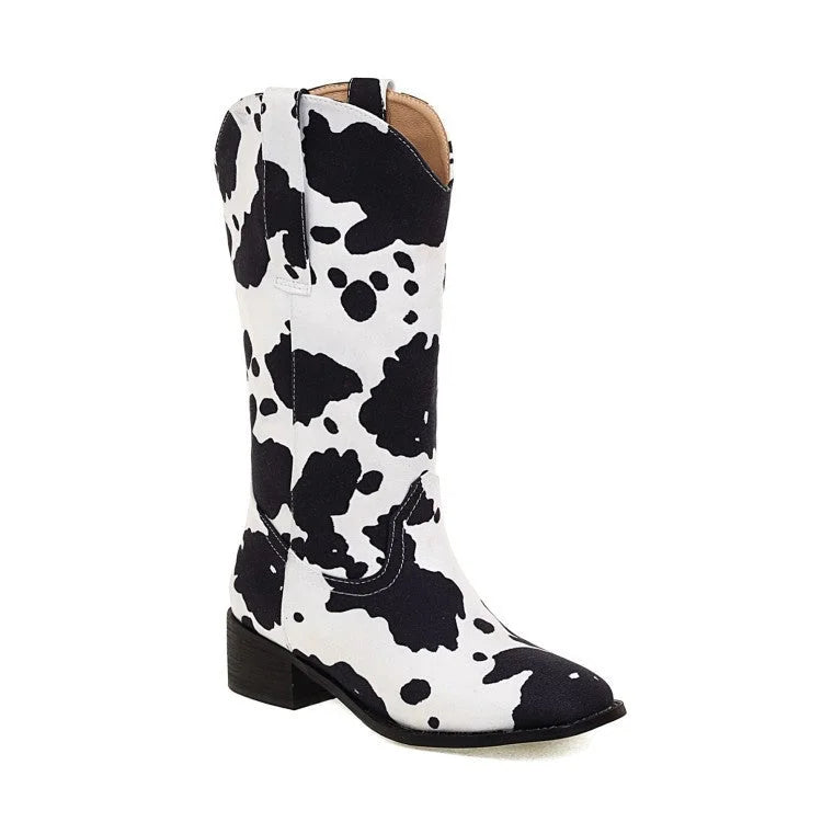 Women's Cow Print Western Block Heel Cowboy Boots