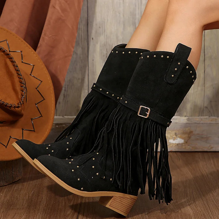 Mid Faux Suede Fringe Tassel Cowboy Boot Toe Cap
