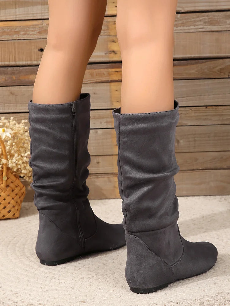 Womens Boots Suede Pleated Flock Fuzzy Low-heeled Boots for Women Solid Color Elegant Mid-Calf Boots