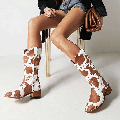 Women's Cow Print Western Block Heel Cowboy Boots