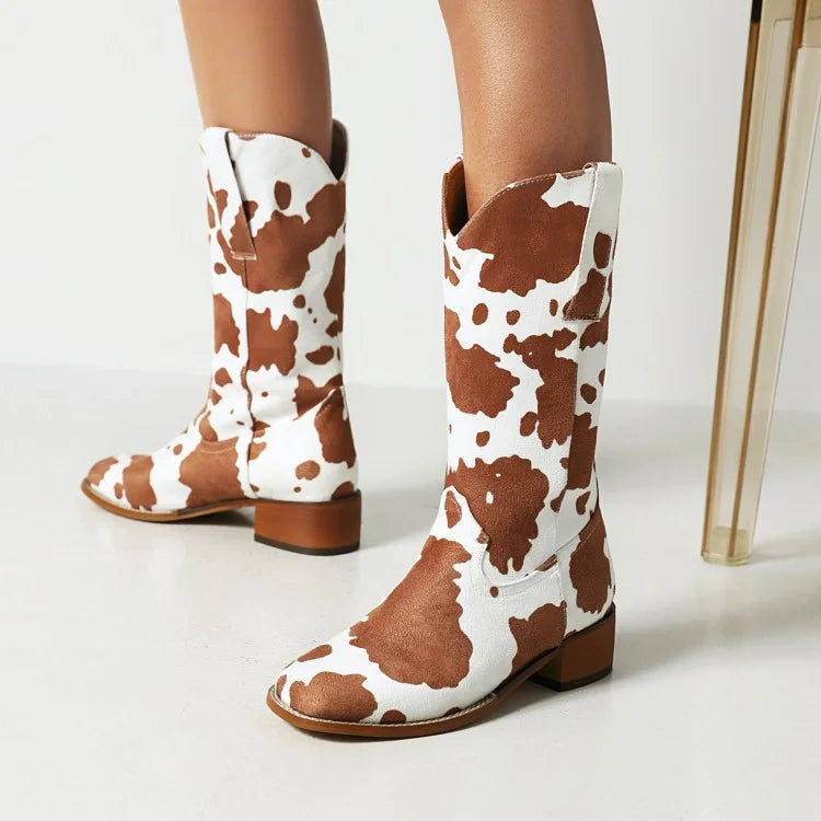 Women's Cow Print Western Block Heel Cowboy Boots