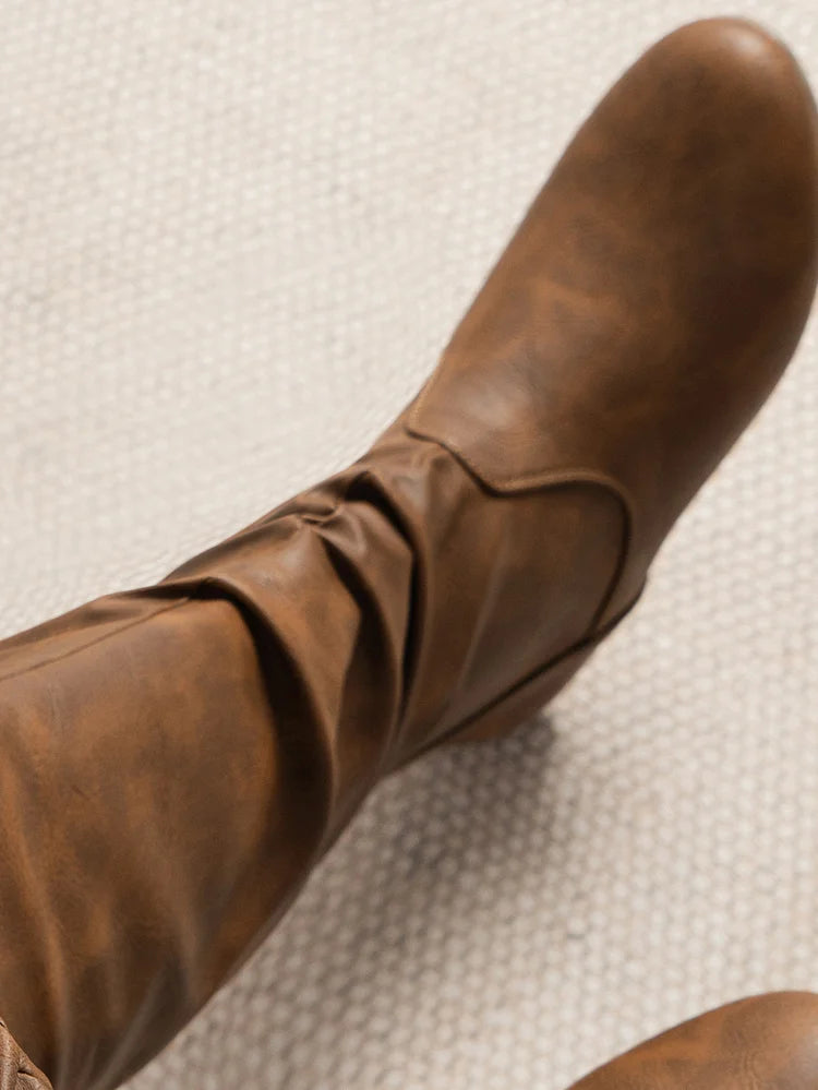 Womens Boots PU Pleated Flock Fuzzy Low-heeled Boots for Women Solid Color Elegant Mid-Calf Boots