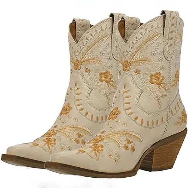 Women's Chunky High Heel Embroidered Ankle Boots