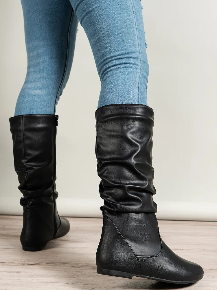 Womens Boots PU Pleated Flock Fuzzy Low-heeled Boots for Women Solid Color Elegant Mid-Calf Boots