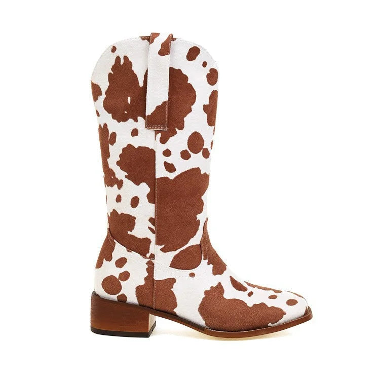 Women's Cow Print Western Block Heel Cowboy Boots