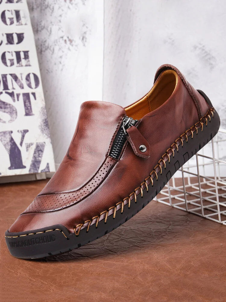 Men Hand Stitching Zipper Slip-ons Leather Shoes