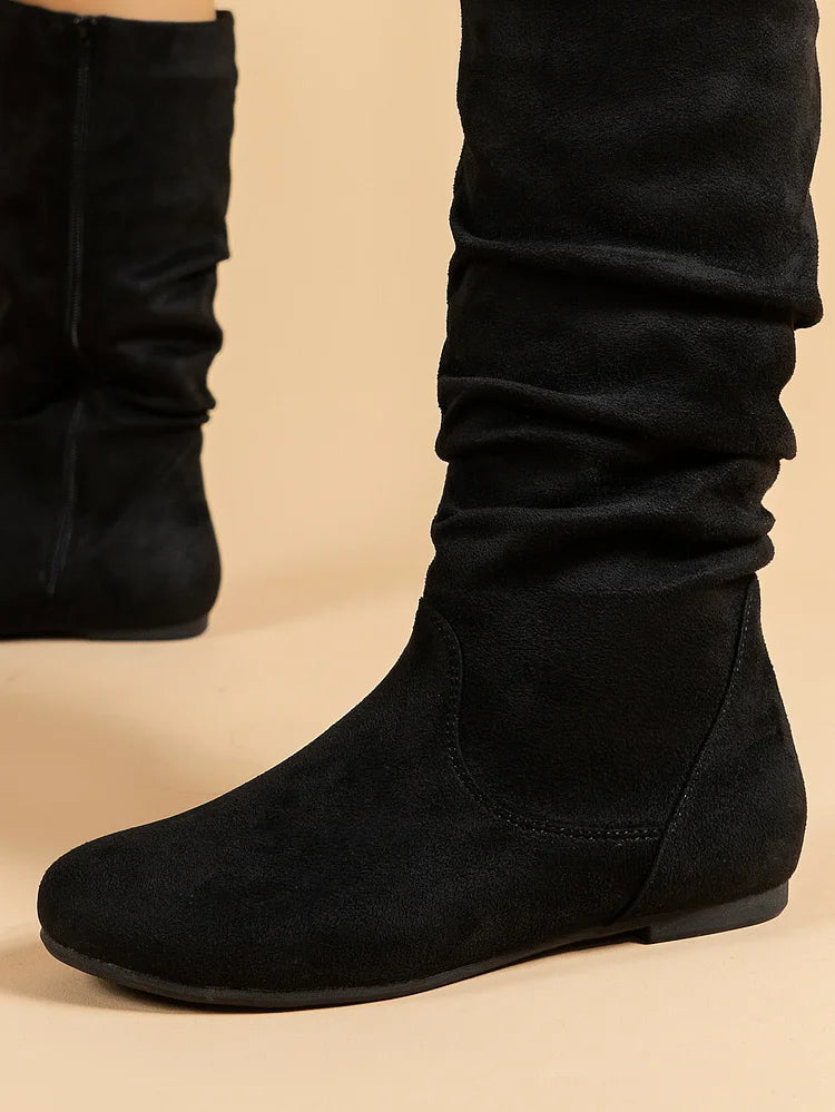 Womens Boots Suede Pleated Flock Fuzzy Low-heeled Boots for Women Solid Color Elegant Mid-Calf Boots
