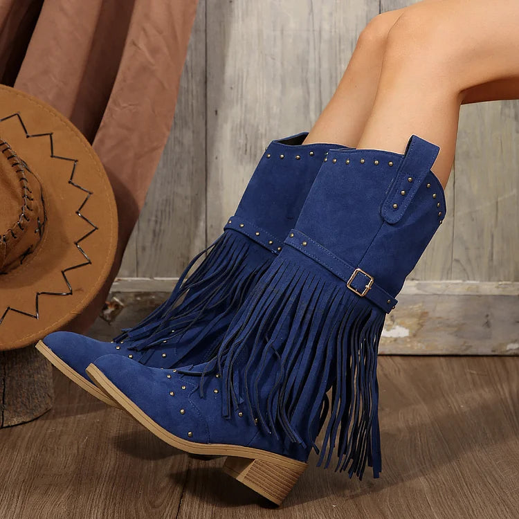 Mid Faux Suede Fringe Tassel Cowboy Boot Toe Cap