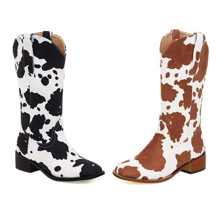 Women's Cow Print Western Block Heel Cowboy Boots