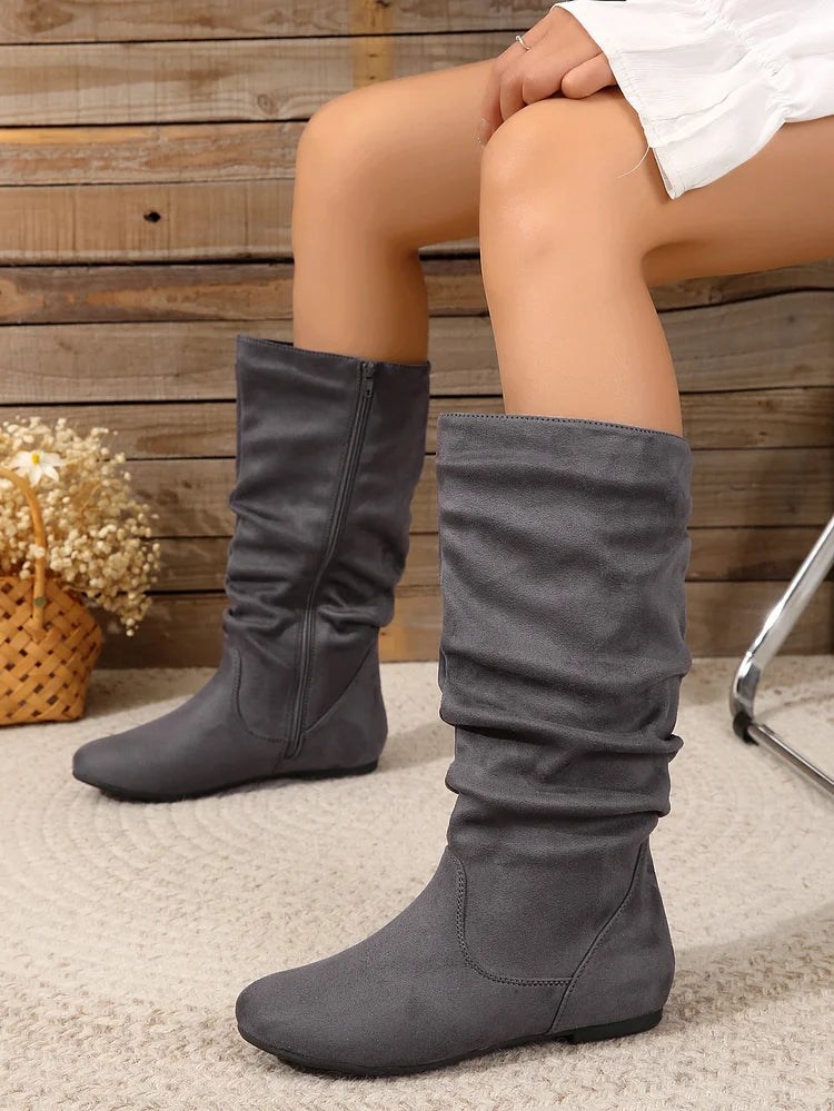 Womens Boots Suede Pleated Flock Fuzzy Low-heeled Boots for Women Solid Color Elegant Mid-Calf Boots