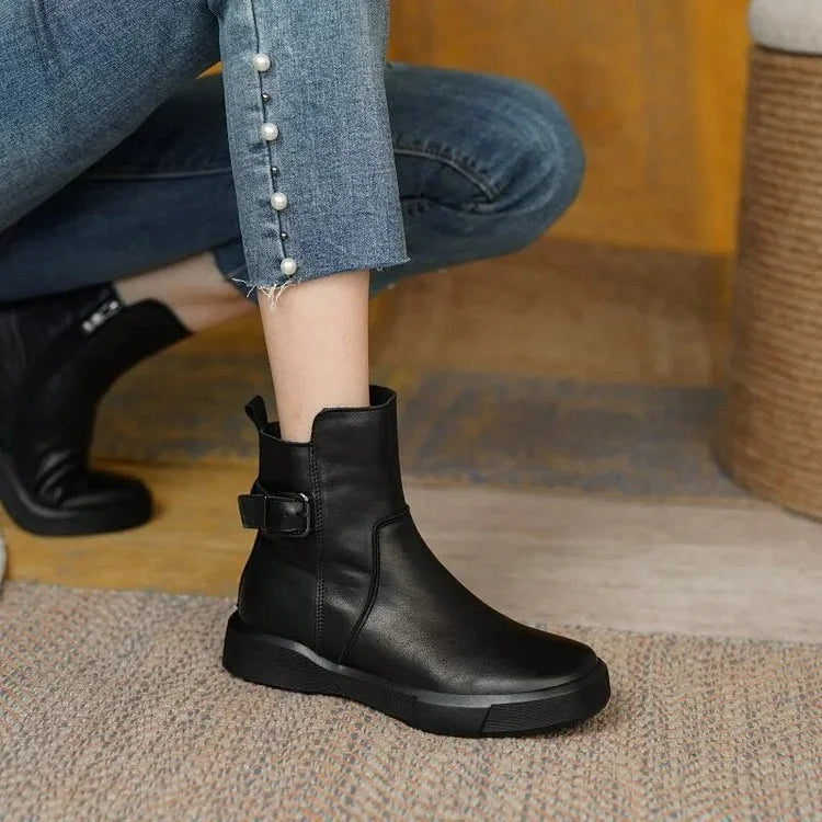 Retro Flat Ankle Short Plush Women Leather Boots