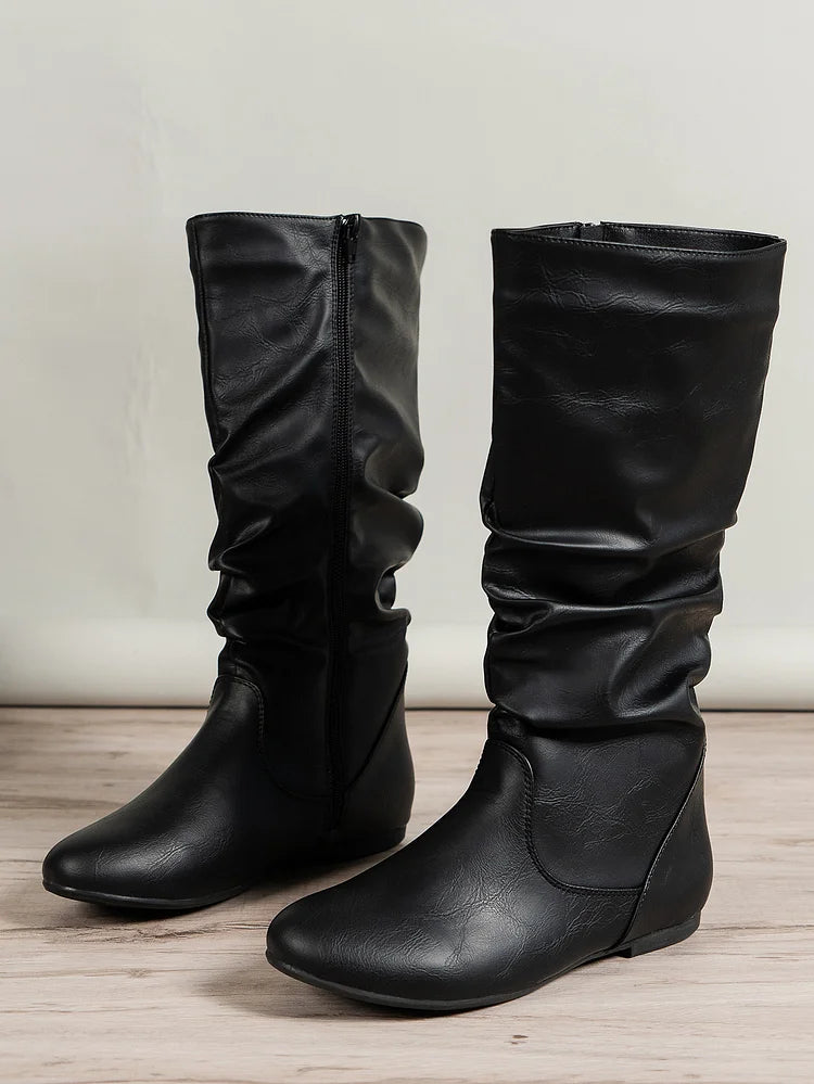 Womens Boots PU Pleated Flock Fuzzy Low-heeled Boots for Women Solid Color Elegant Mid-Calf Boots
