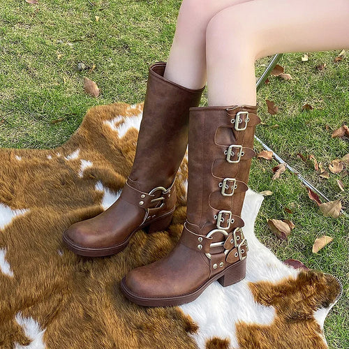 Women's Calf Buckle PU Round Toe Retro Western Gothic Boots