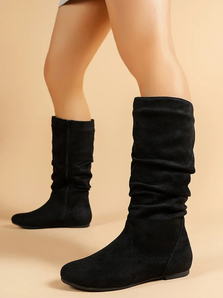 Womens Boots Suede Pleated Flock Fuzzy Low-heeled Boots for Women Solid Color Elegant Mid-Calf Boots