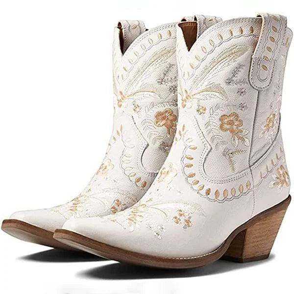 Women's Chunky High Heel Embroidered Ankle Boots