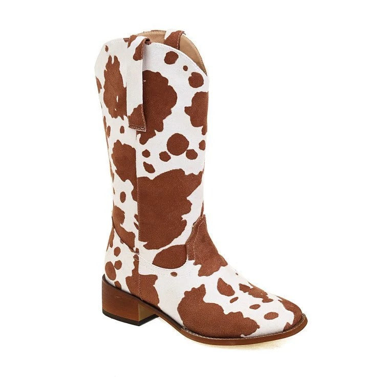 Women's Cow Print Western Block Heel Cowboy Boots