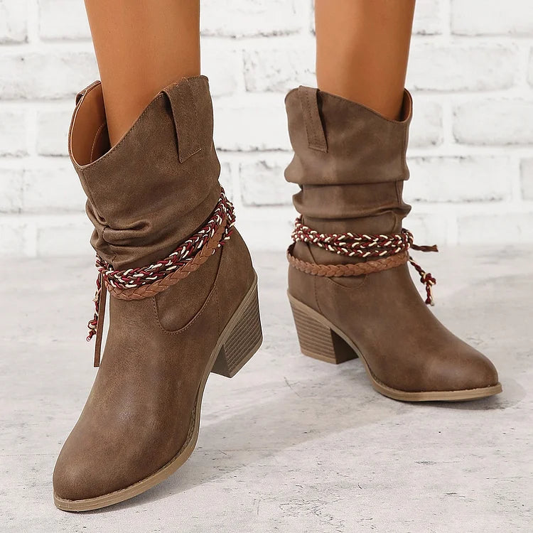 Women's Pleated Tassel High Heel Mid-calf Length Loose Socks Boots