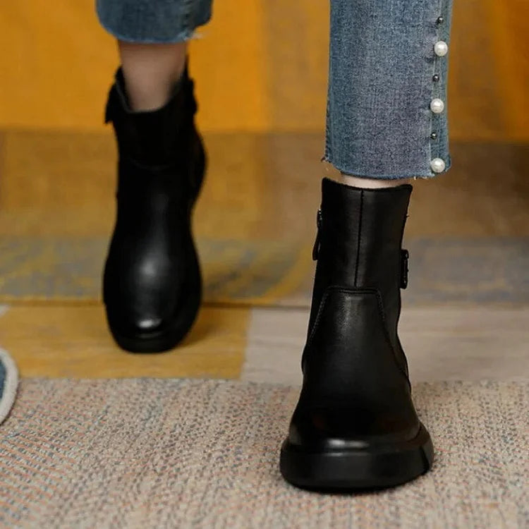 Retro Flat Ankle Short Plush Women Leather Boots