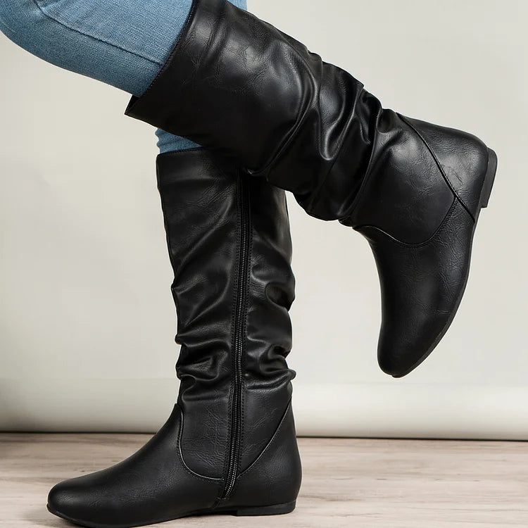 Womens Boots PU Pleated Flock Fuzzy Low-heeled Boots for Women Solid Color Elegant Mid-Calf Boots
