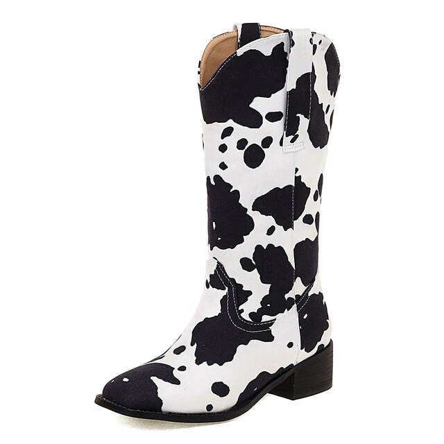 Women's Cow Print Western Block Heel Cowboy Boots