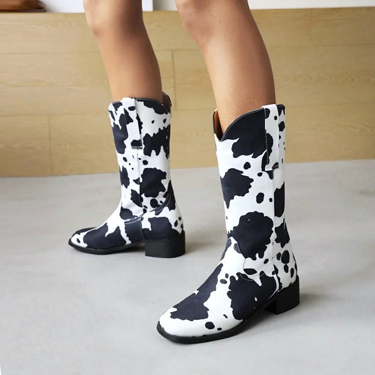 Women's Cow Print Western Block Heel Cowboy Boots
