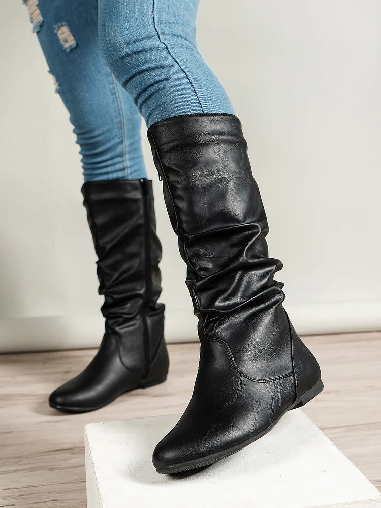 Womens Boots PU Pleated Flock Fuzzy Low-heeled Boots for Women Solid Color Elegant Mid-Calf Boots