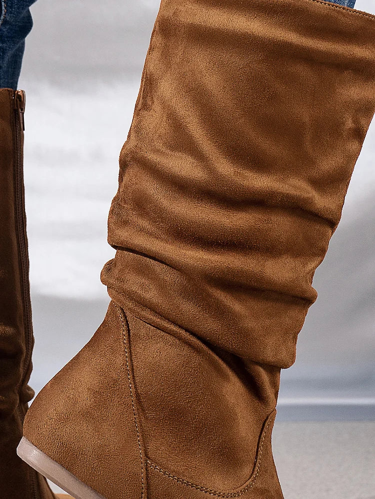 Womens Boots Suede Pleated Flock Fuzzy Low-heeled Boots for Women Solid Color Elegant Mid-Calf Boots
