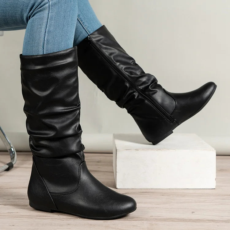 Womens Boots PU Pleated Flock Fuzzy Low-heeled Boots for Women Solid Color Elegant Mid-Calf Boots