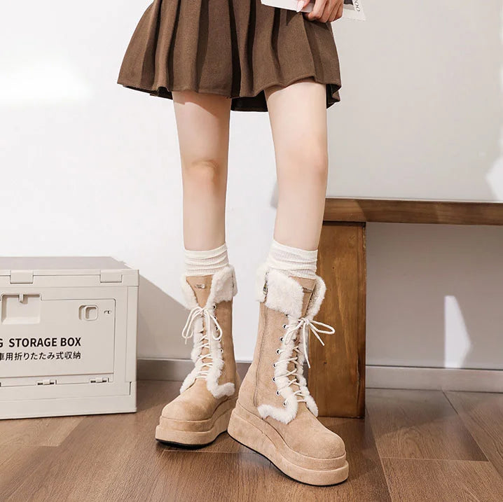 Women's Retro Thick-Soled Velvet Warm Mid-Calf Lace-Up Boots