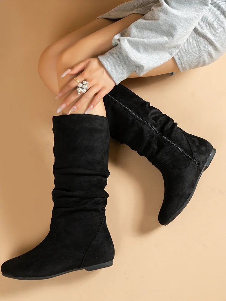 Womens Boots Suede Pleated Flock Fuzzy Low-heeled Boots for Women Solid Color Elegant Mid-Calf Boots