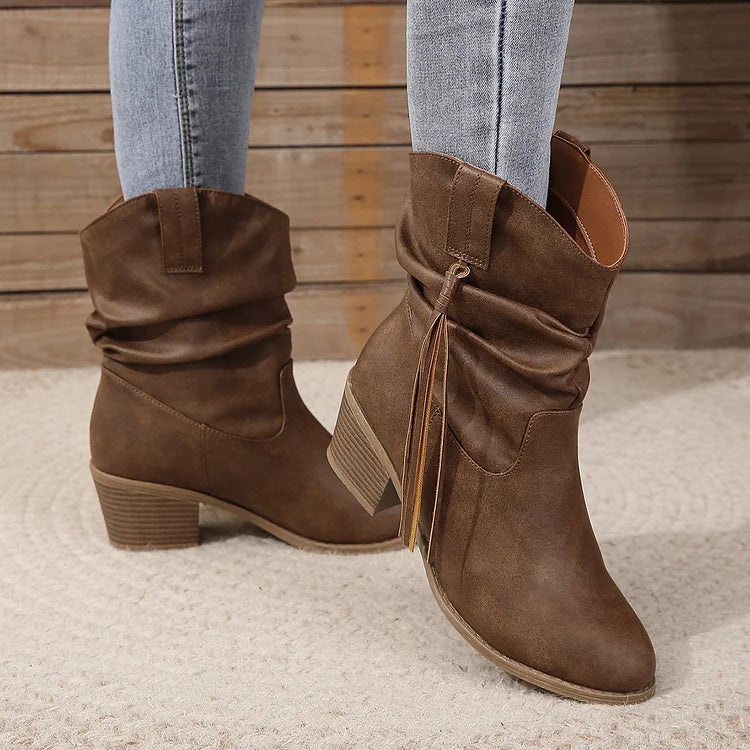 Women's Pleated Tassel High Heel Mid-calf Length Loose Socks Boots