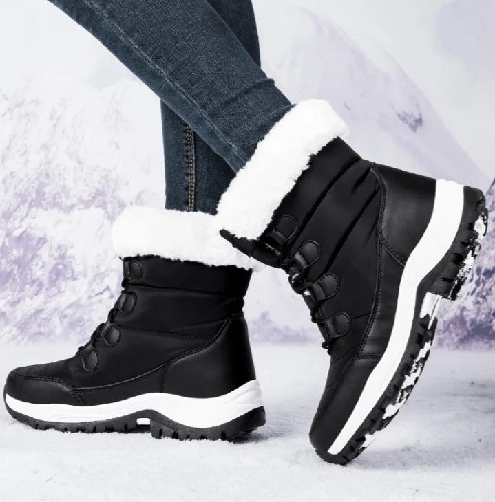 Women Winter Snow Boots - Fuzzy Lace-up Front