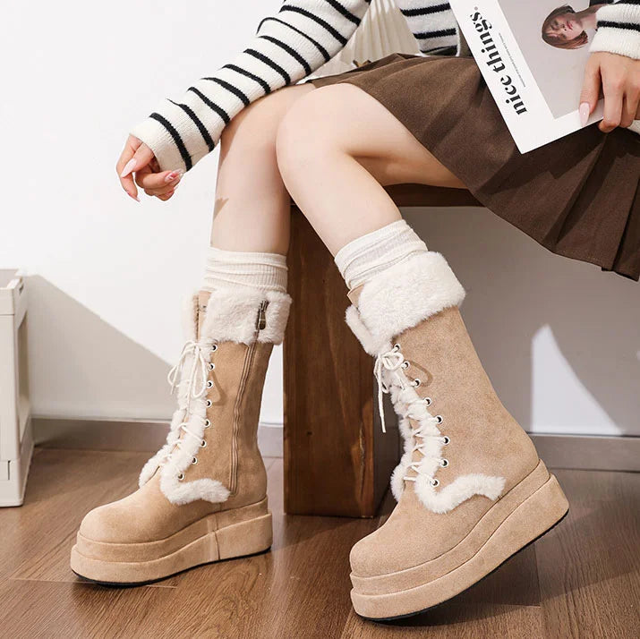 Women's Retro Thick-Soled Velvet Warm Mid-Calf Lace-Up Boots