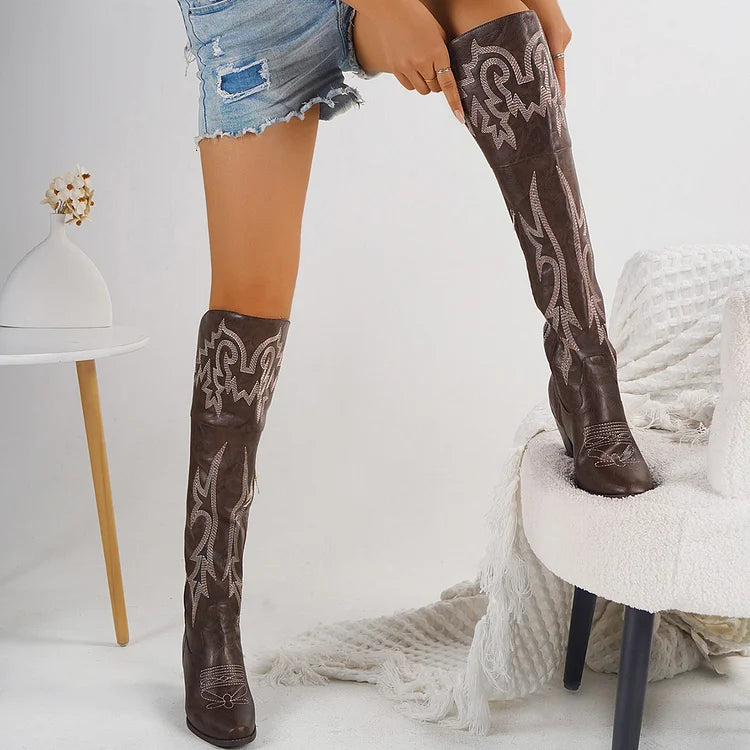 Retro Resort Embroidered Chunky Heel Cowboy Westem Fashion Boots For Women
