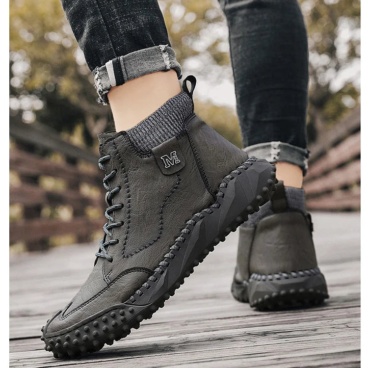 Men Ankle Boots Winter Warm Snow Boots Thick Plush Men Handmade Leather Boots Outdoor Waterproof Work Boots