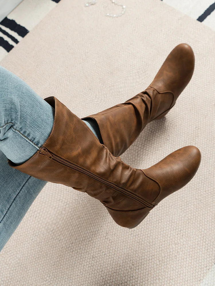 Womens Boots PU Pleated Flock Fuzzy Low-heeled Boots for Women Solid Color Elegant Mid-Calf Boots