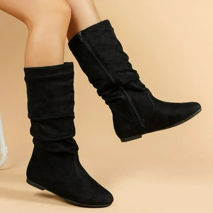 Womens Boots Suede Pleated Flock Fuzzy Low-heeled Boots for Women Solid Color Elegant Mid-Calf Boots