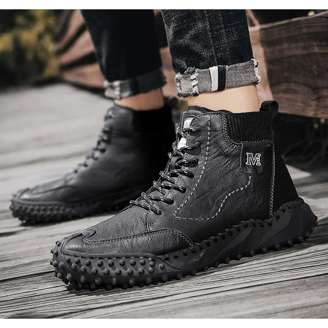 Men Ankle Boots Winter Warm Snow Boots Thick Plush Men Handmade Leather Boots Outdoor Waterproof Work Boots